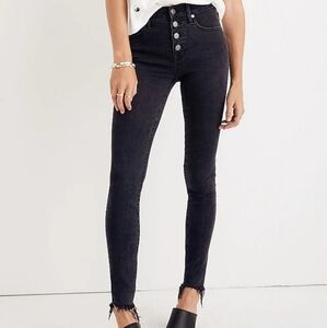 Madewell 9" High-Rise Skinny Grunge Moto Black ButtonFly Jeans Chewed Hem Sz 30